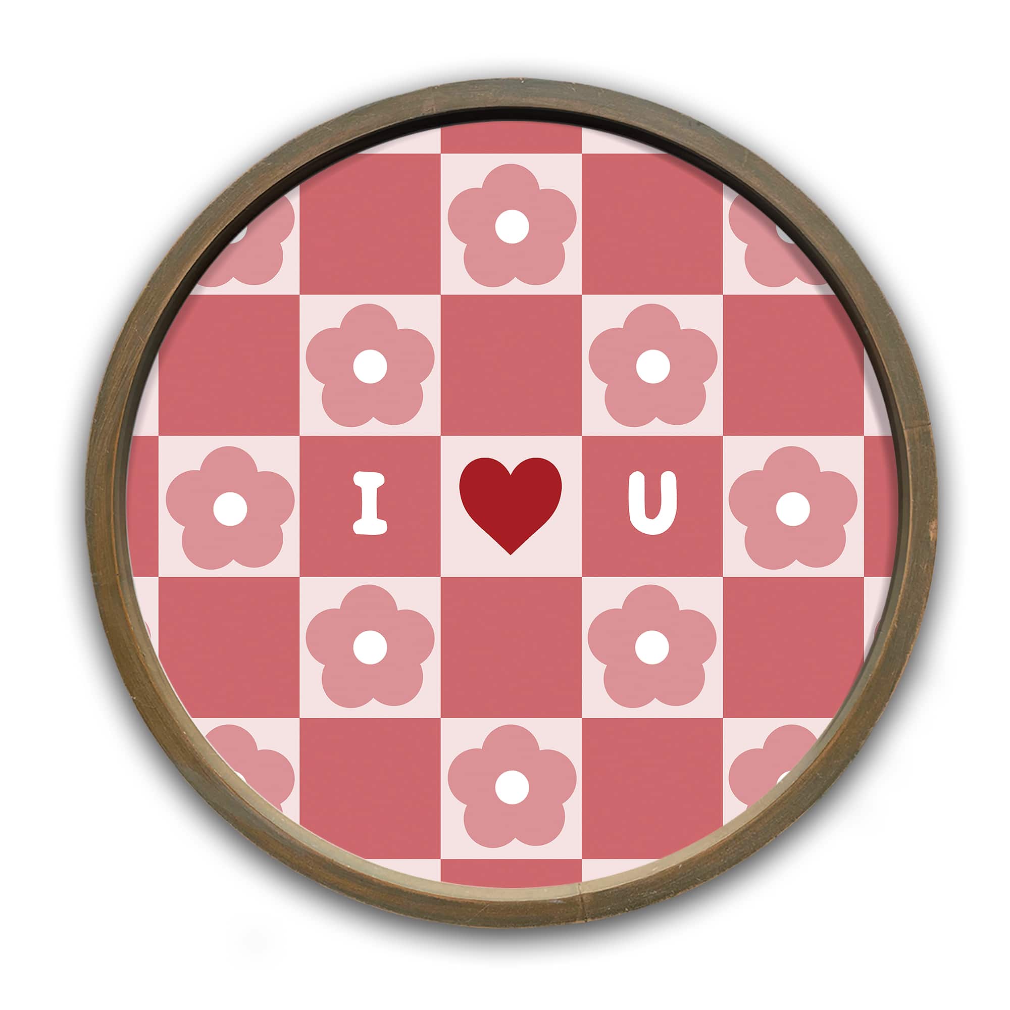 I Heart You Daisy Check Round Brown Framed Print